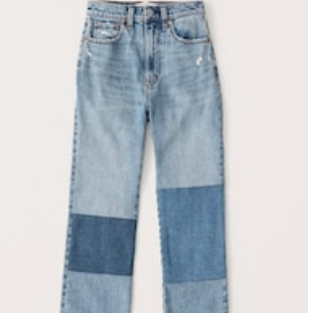 Abercrombie Ultra High Rise Ankle Straight Jeans - Medium Wash Patch Work
